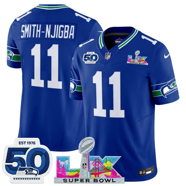 Women's Seattle Seahawks #11 Jaxon Smith-Njigba Royal 2025 F.U.S.E. Super Bowl LX Patch And 50th Season Patch Vapor Throwback Limited Stitched Football Jersey(Run Small)